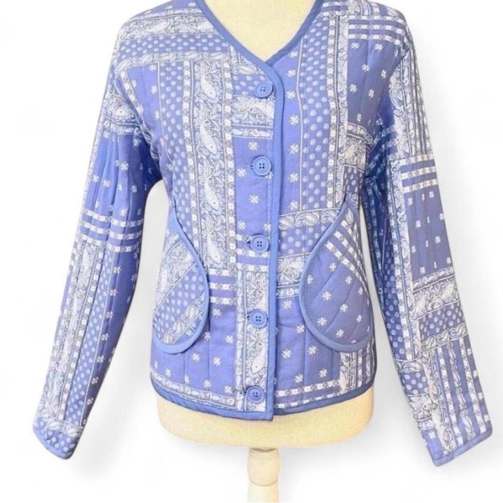 Como Vintage Blue and White Patchwork Cottagecore Quilted Chore Jacket